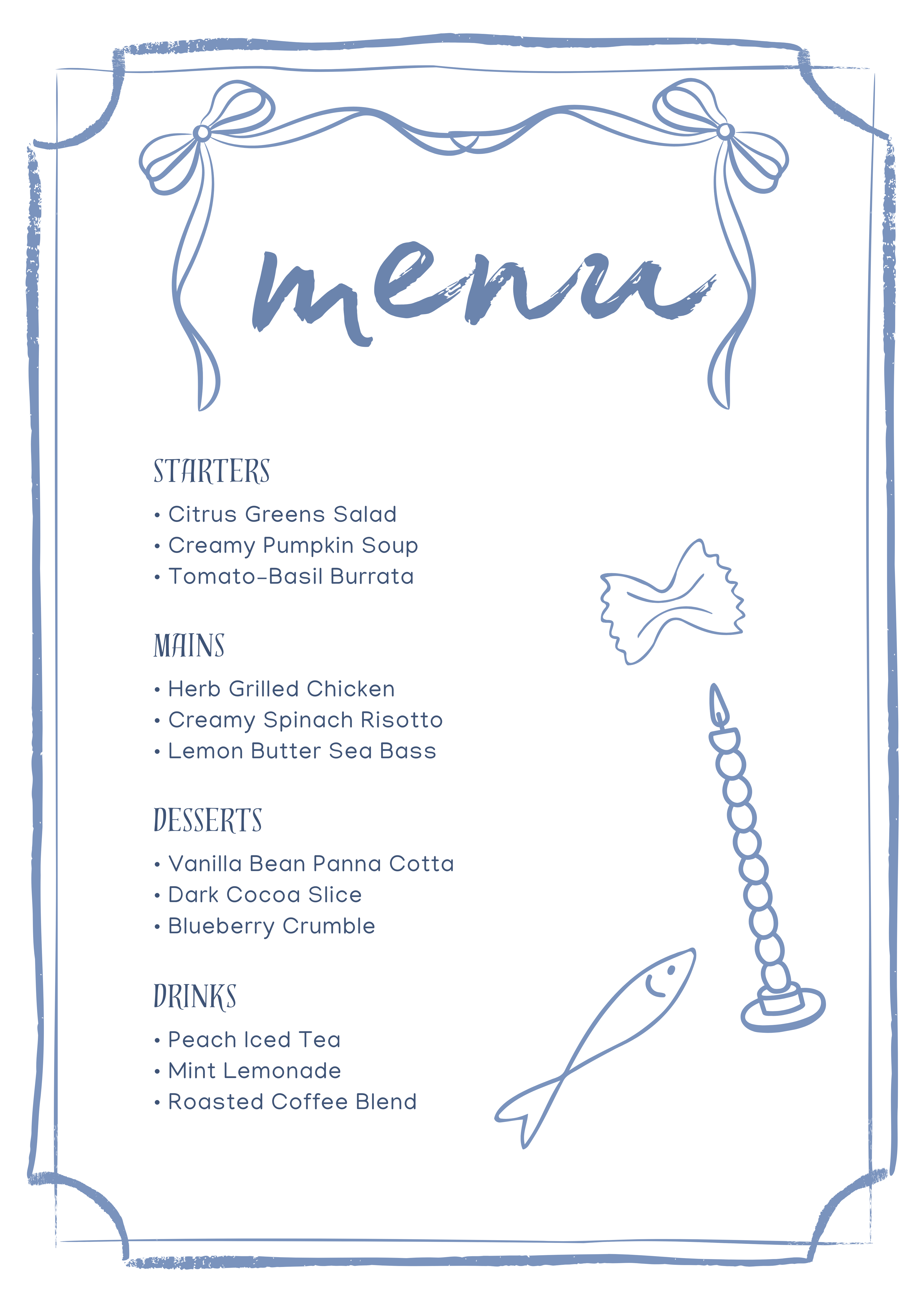 Hand-Drawn Menu Design - Casual Dining artisan menu authentic branding bistro menu blue menu cafe design casual dining casual eatery coastal restaurant figma food illustration hand drawn menu handwritten menu hospitality design illustrated menu illustrator menu design playful design print design restaurant menu sketch menu