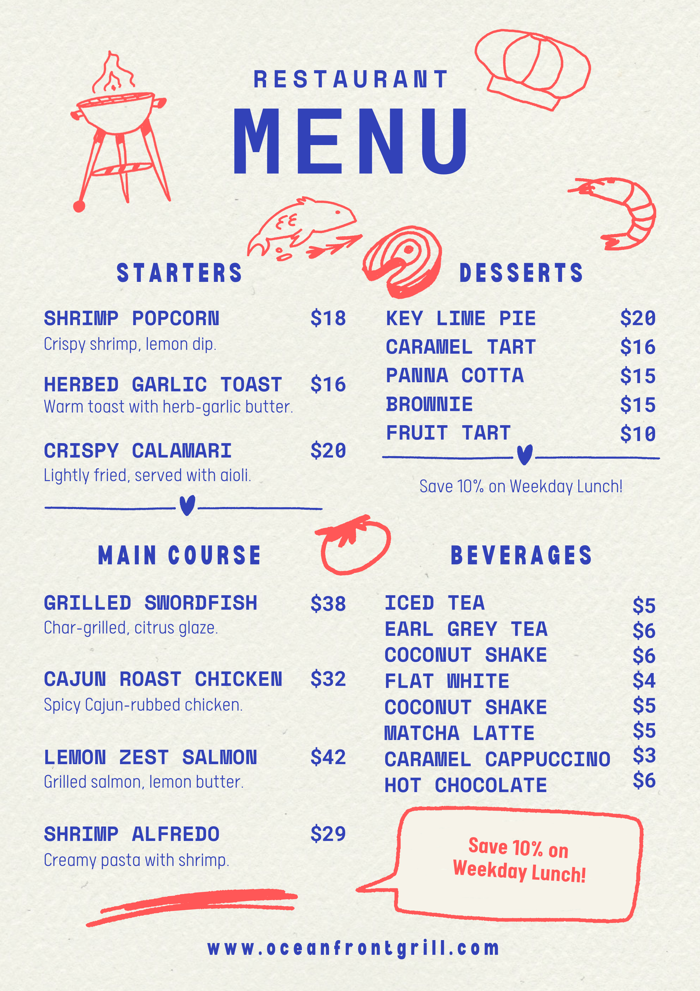 Seafood Restaurant Menu Design - Nautical Theme beachside cafe blue menu casual dining coastal dining figma fish restaurant food branding hand drawn menu hospitality illustrated menu illustrator menu design nautical design ocean theme playful design print design restaurant menu retro menu seafood menu seaside restaurant