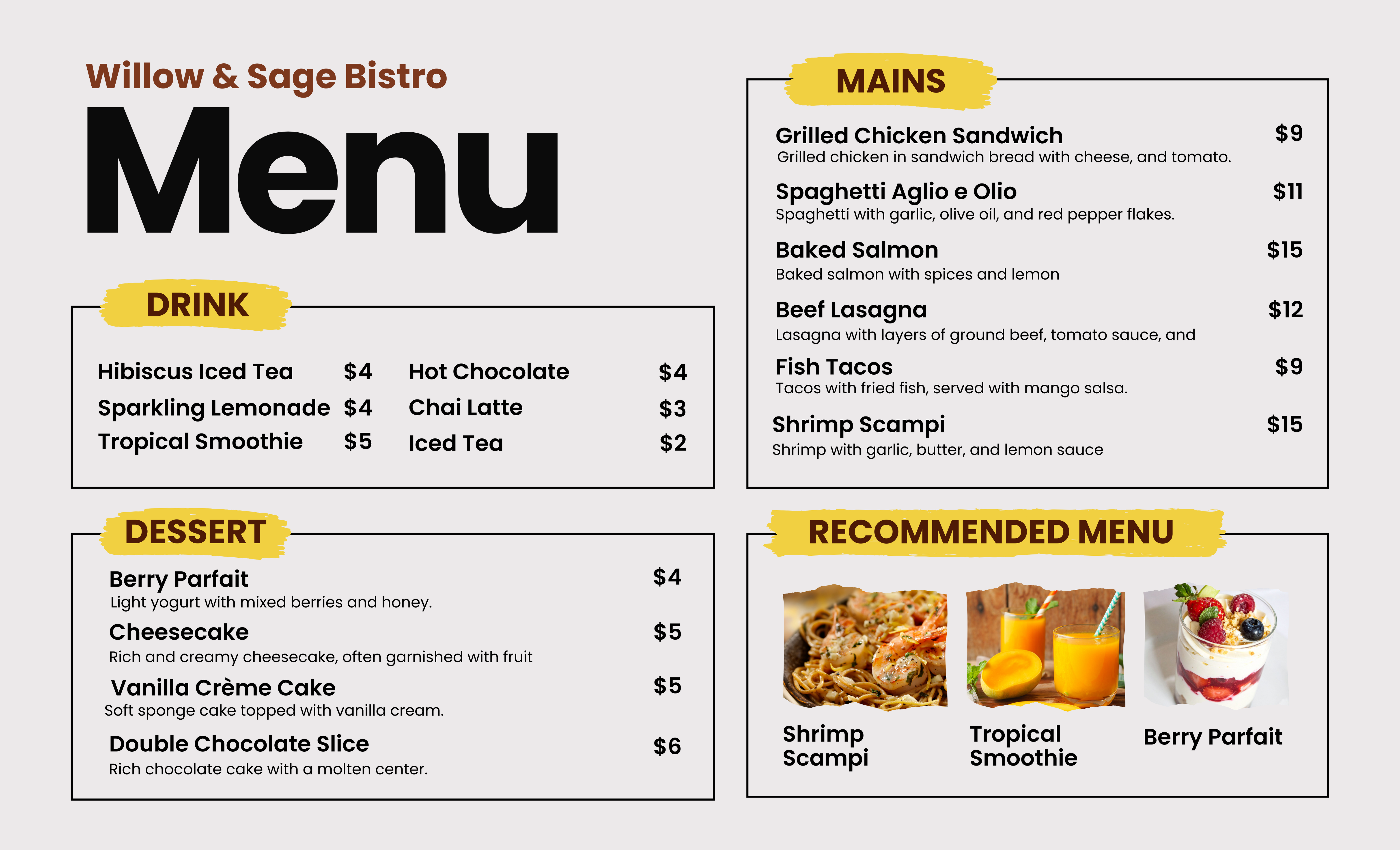 Bistro Menu Design - Clean Minimalist Layout bistro menu brunch menu cafe menu clean design contemporary design dining menu farm to table figma food photography health food hospitality illustrator menu design minimalist menu modern menu organized layout photoshop print design restaurant menu yellow accent