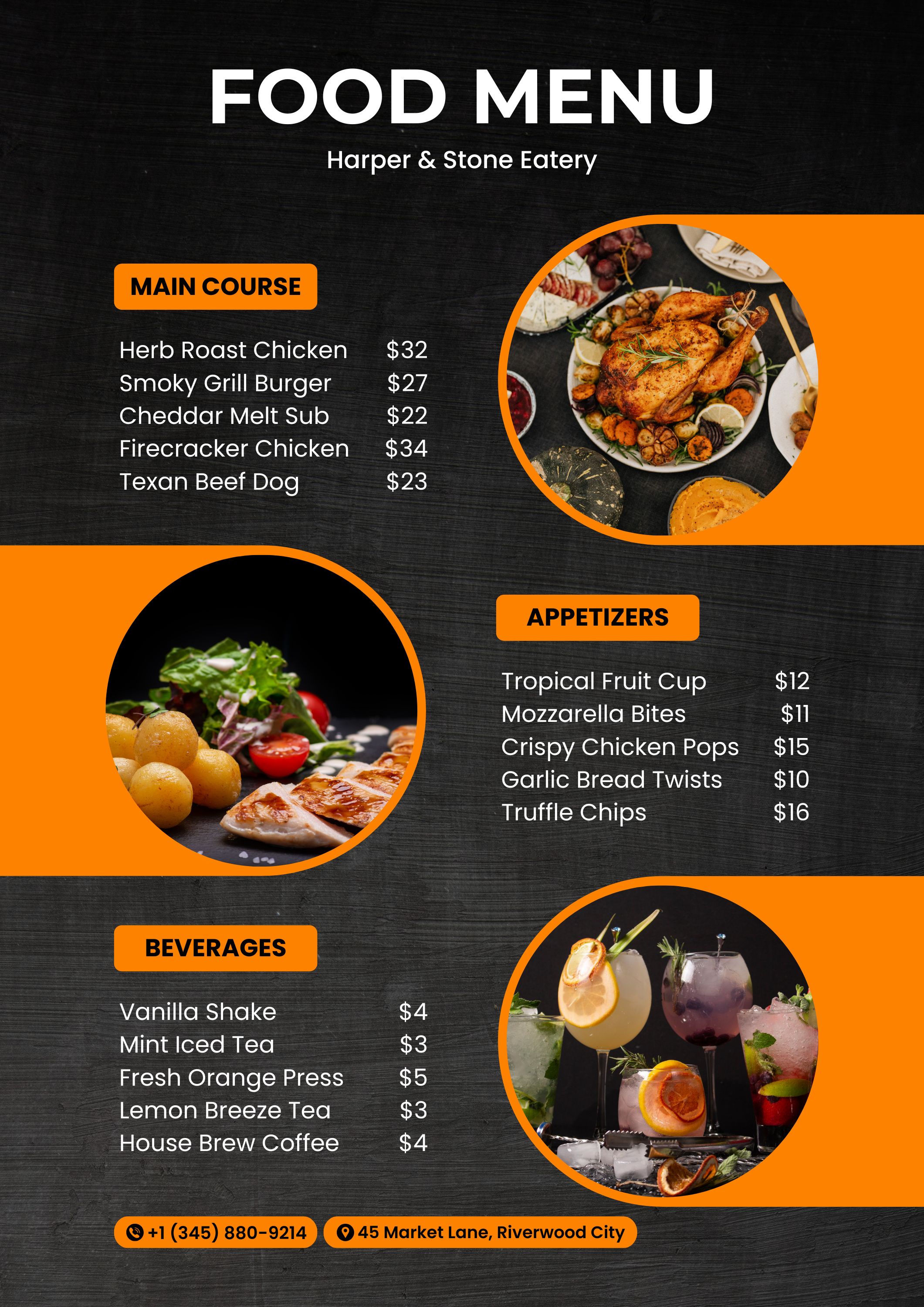 Modern Restaurant Menu Design - Dark Bold Style american diner bold design circular frames contemporary menu dark menu figma food branding food photography gastropub grill menu high contrast hospitality illustrator menu design modern menu orange accent photoshop print design restaurant menu trendy design