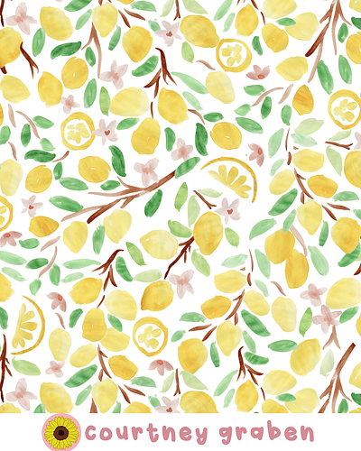 Hand Painted Lemon Citrus Textile Print by Courtney Graben design designer illustration paint painting pattern surface design textile design textile print design watercolor
