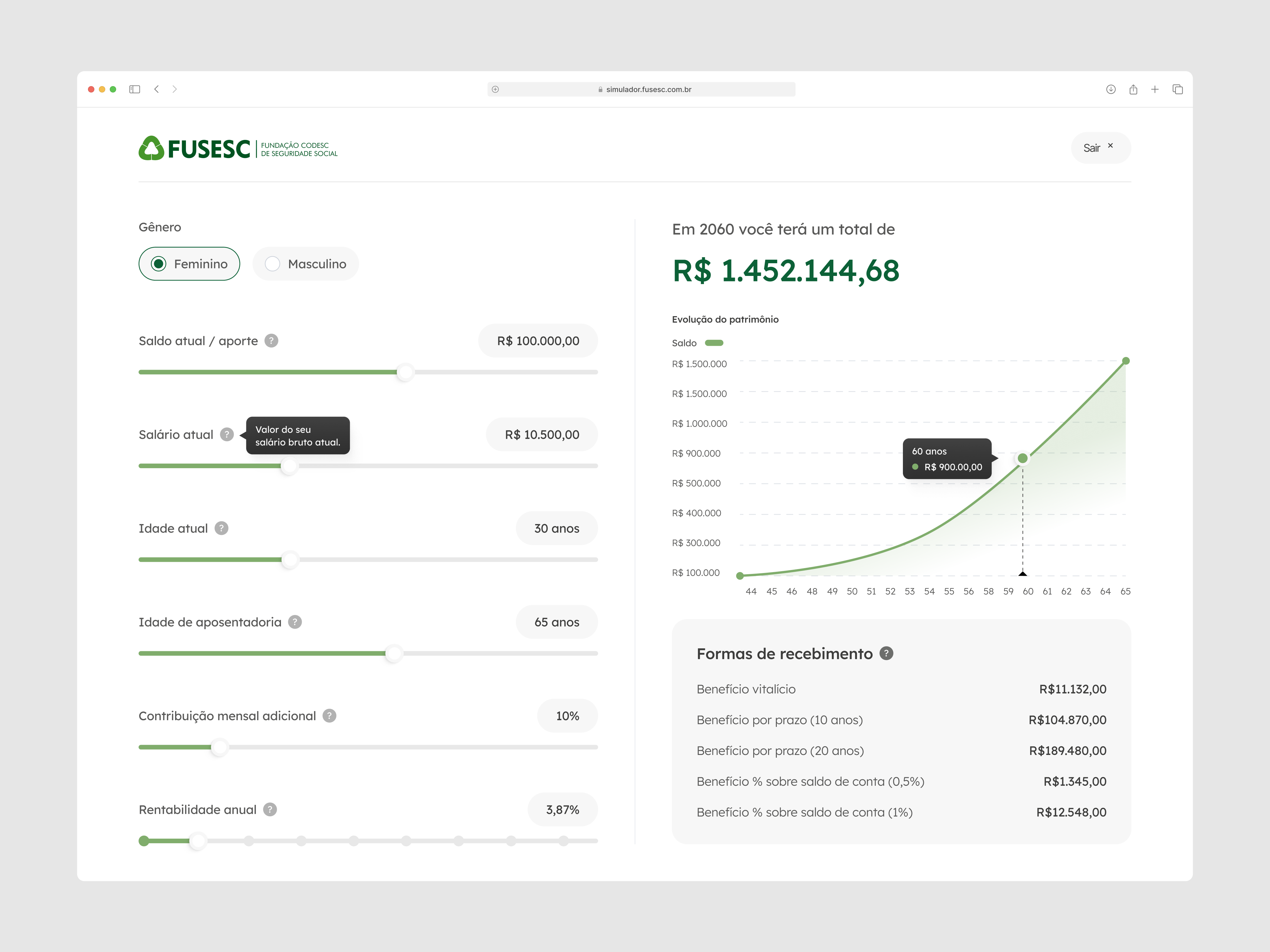 Retirement Planning Simulator UI/UX dashboard data input data visualization financial calculator fintech investment calculator previdência retirement simulator simulador de aposentadoria simulador de previdência slider ux design