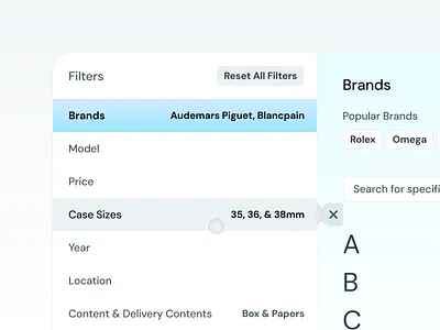 Chrono24 Filters Modal UI Concept active app b2b buy chrono24 cursor ecommerce filter flat gradient hover search select shopping ui ux watch web wristwatch