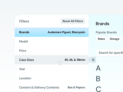 Chrono24 Filters Modal UI Concept active app b2b buy chrono24 cursor ecommerce filter flat gradient hover search select shopping ui ux watch web wristwatch