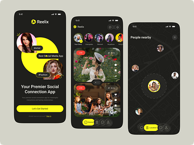 Reelix - Social App UI Concept app design app interface clean ui concept design dribbble home screen interaction design location screen mobile app mobile ui modern ui nearby people product design social app splash screen ui challenge ui esign ui ux ux design visual design
