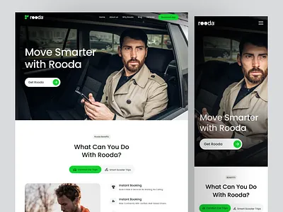Rooda - Ride Sharing Landing Page bicycle design hero section homepage landing page landing page ui mobile responsive product design ride booking ride sharing saas saas website travel ui ux wavespace web design web ui website website ux