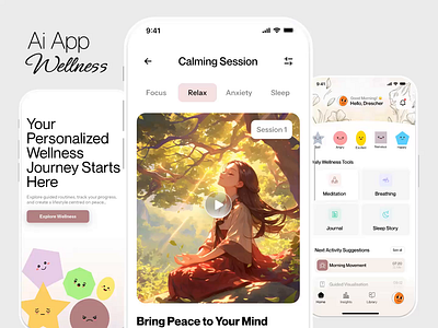 Ai wellness app design ai ai app app app design app designer app developer calm app clean app fitness app health app meditation meditation app mindfulness app mobile app modern app self help app self improvement app ui designer wellness app wellness app design
