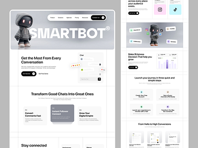 AI Chatbot & Social Automation SaaS Website ✦ SmartBot 3d 3d character ai artificial intelligence automation chatbot clean ui dashboard figma landing page marketing tool minimal robot saas social media marketing startup tech ui design ux design web design