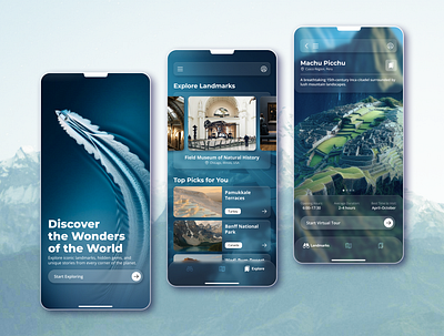 Travel Landmarks App UI adventure app concept design discovery exploration inspiration interface journey landmarks minimal mobile modern tourism travel ui ux world
