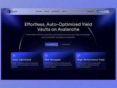 Avalanche DeFi Yield Vaults UI Hero Section avalanche defi crypto vaults ui dark ui defi ui financial fintech futuristic ui gradient ui design hero section ico liquidity vaults logo staking token trading uiux web 3 yield farming design