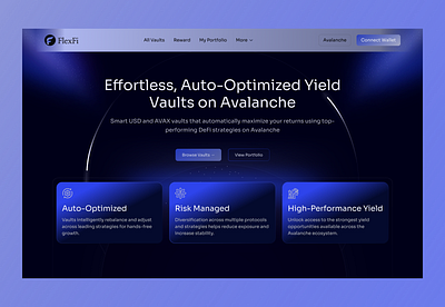 Avalanche DeFi Yield Vaults UI Hero Section avalanche defi crypto vaults ui dark ui defi ui financial fintech futuristic ui gradient ui design hero section ico liquidity vaults logo staking token trading uiux web 3 yield farming design