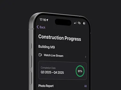 Construction Progress Tracker for PropTech iOS App app design construction dark mode ios minimal design progress tracker proptech real estate tech
