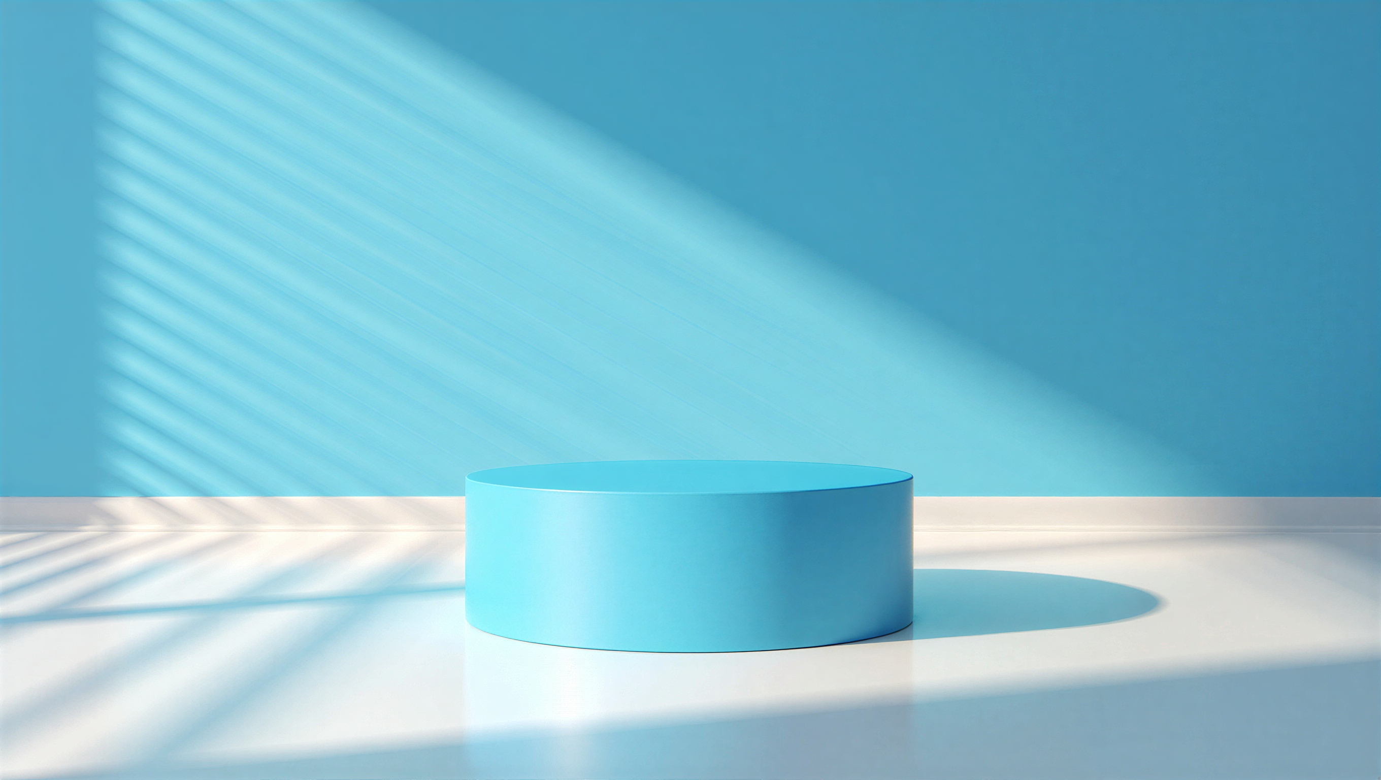 Blue Cylinder Product Podium with Window Blind Shadow on Light 3d render blue podium cylinder podium minimal podium mockup pastel blue product mockup product podium turquoise podium