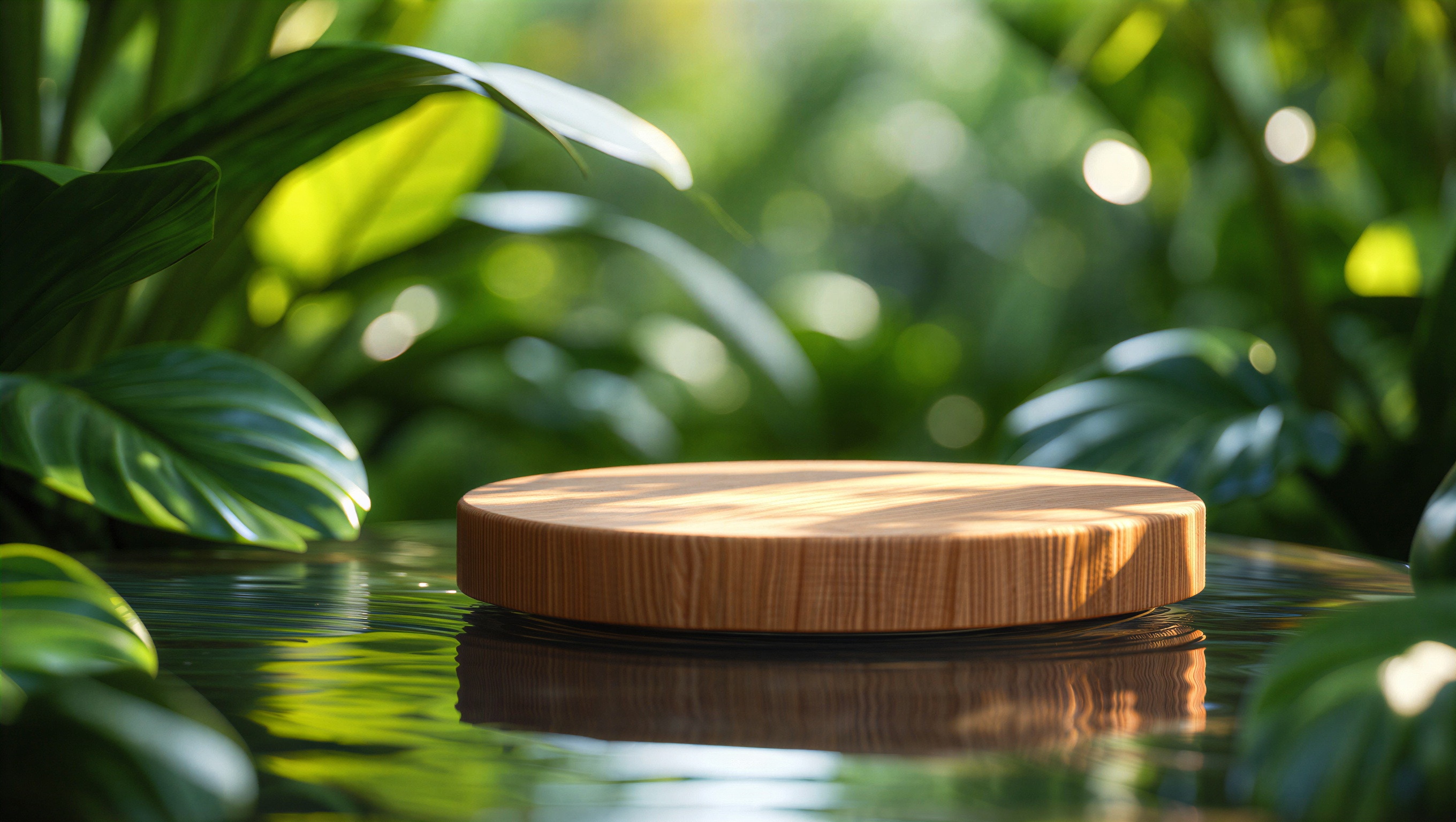 Natural Wooden Podium on Reflective Water Surface with Lush Trop eco podium green leaves jungle backdrop monstera leaves natural podium product podium tropical background water reflection wood podium wooden podium