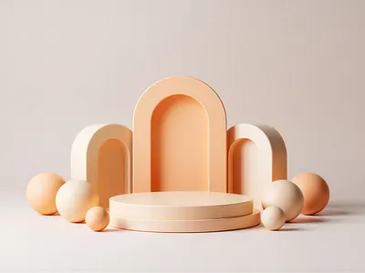 Minimal Pastel Peach and Cream Geometric Podium Display 3d render arches balls cream color geometric arches geometric podium graphic design minimal podium mockup odium pastel podium peach tone product display product podium soft pastel spheres