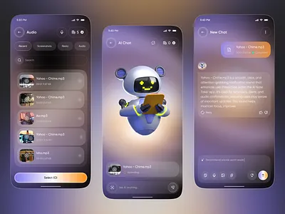 AI Audio Chat App – Voice Upload, Smart Assistant & Modern UI 3d illustration ai app ai assistant ai chat ai note taker app app design audio app audio recorder app chatbot ui design glassmorphism ios mobile mobile app productivity app ui voice app voice note app