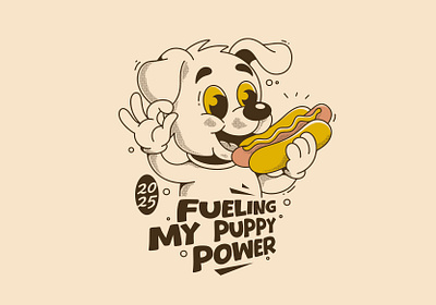 Retro dog character eat hotdog adipra adipra std adipra studio adorable character adpr cartoon design cartoon puppy cute dog cute mascot dog graphic food themed art fun artwork happy puppy hotdog snack kawaii dog playful dog puppy mascot retro illustration vintage style