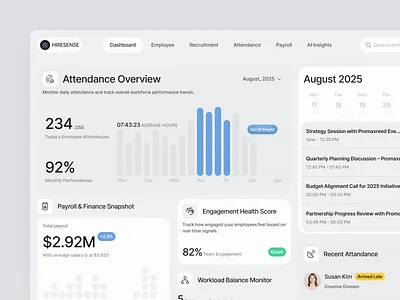 Hiresense - HR Management Dashboard with AI attendance overview bento bento dashboard company company dashboard dashboard design hr hr dashboard human resource meeting calendar ui ui design uiux ux