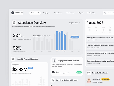 Hiresense - HR Management Dashboard with AI attendance overview bento bento dashboard company company dashboard dashboard design hr hr dashboard human resource meeting calendar ui ui design uiux ux