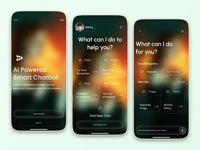 AI powered Smart Chatbot App ai ai app ai assistant ai chatbot ai chatbot app ai powered chat app app screens artificial intelligence chat interface chatbot chatbot ui conversational ai dark mode image search interaction design mobile app design modern ui productivity app smart assistant uiux design