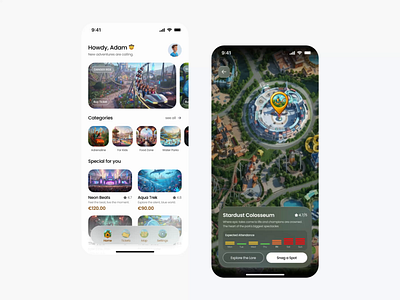 Theme Park App UI — Adventure, Navigation & Play ai design detail dribbble fun game gamification home ios map minimal mobile mobile design playful scroll tabbar ui user interface ux
