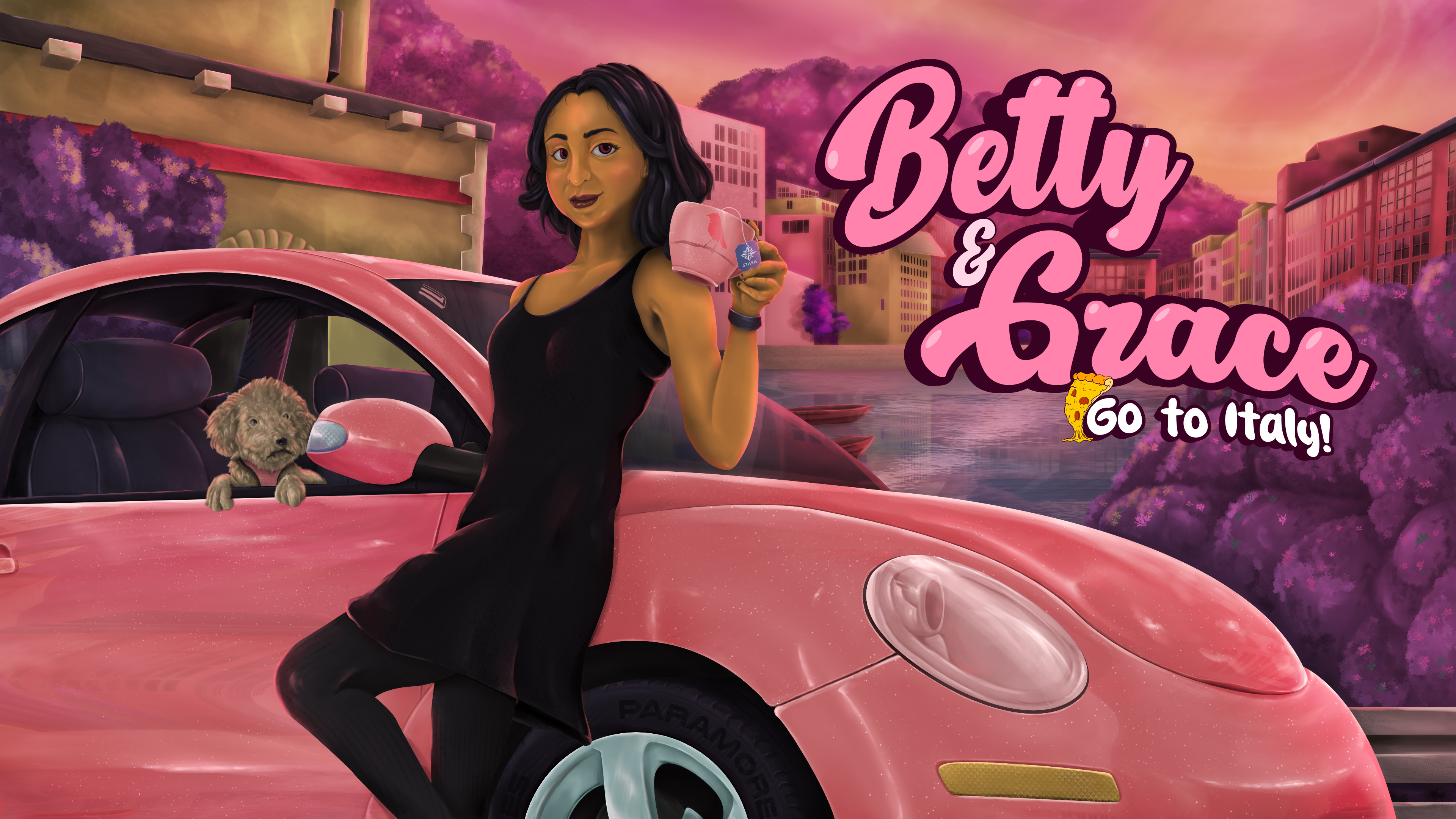 Betty & Grace: Go to Italy! adobe photoshop background illustration character design concept art digital painting dog graphic design illustration illustrator italy pet pink pizza scenery sketch splash art typography vector vw beetle woman
