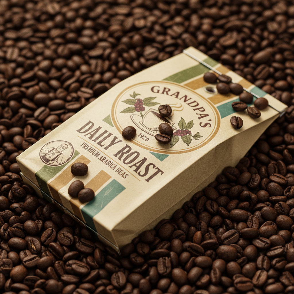 Grandpa's Daily Roast: Vintage Coffee Packaging Design artisan bakery logo bag packaging brand identity branding coffee bag coffee bag design coffee brand labels coffee branding coffee label coffee packaging coffee product graphic design label design packaging design packaging label visual designer