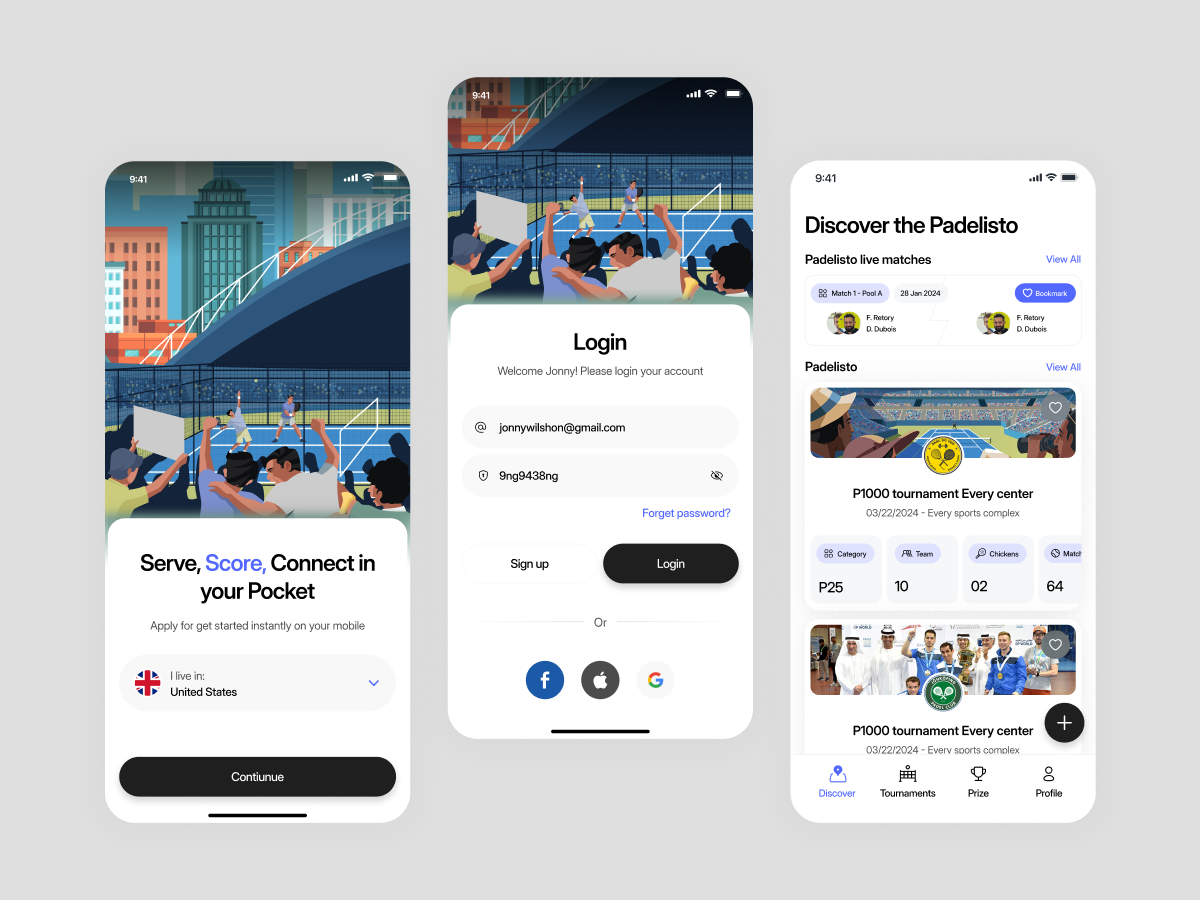 Padel Sports App UI Design – Modern Onboarding & Login flow app app design clean ui ux inspiration illustrated mobile app ui login screen mobile design login screen ui mobile mobile app design mobile app ui mobile ux inspiration modern onboarding screen design padel tournament app concept professional mobile app design sports app design sports app ui design sports match tracking app ui sports mobile app interface user experience
