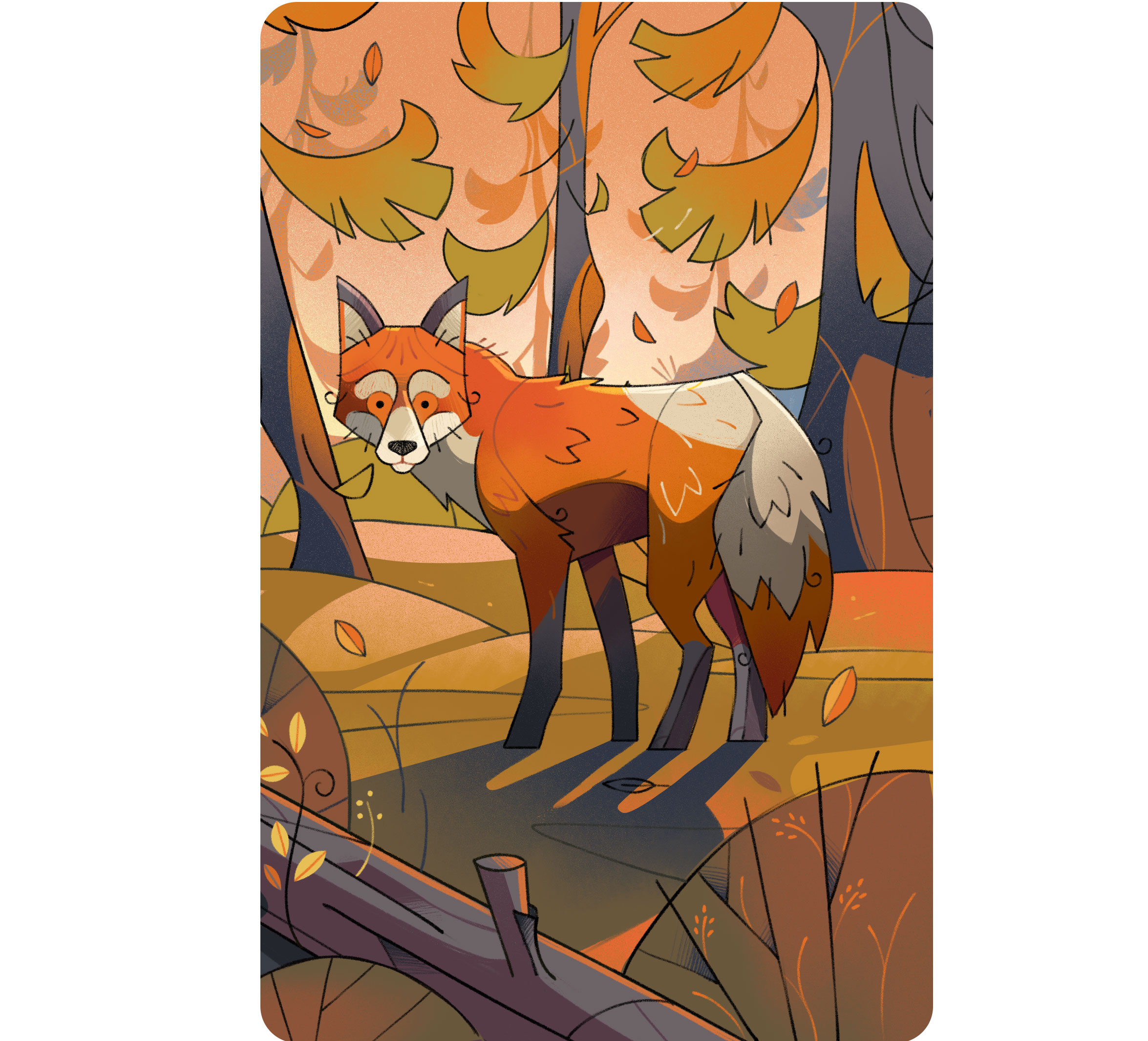 Fox 2d illustration animal animal illustration autumn book illustration cards cards game character character design flat forest fox illustration landscape nature poster sunset trees wildlife