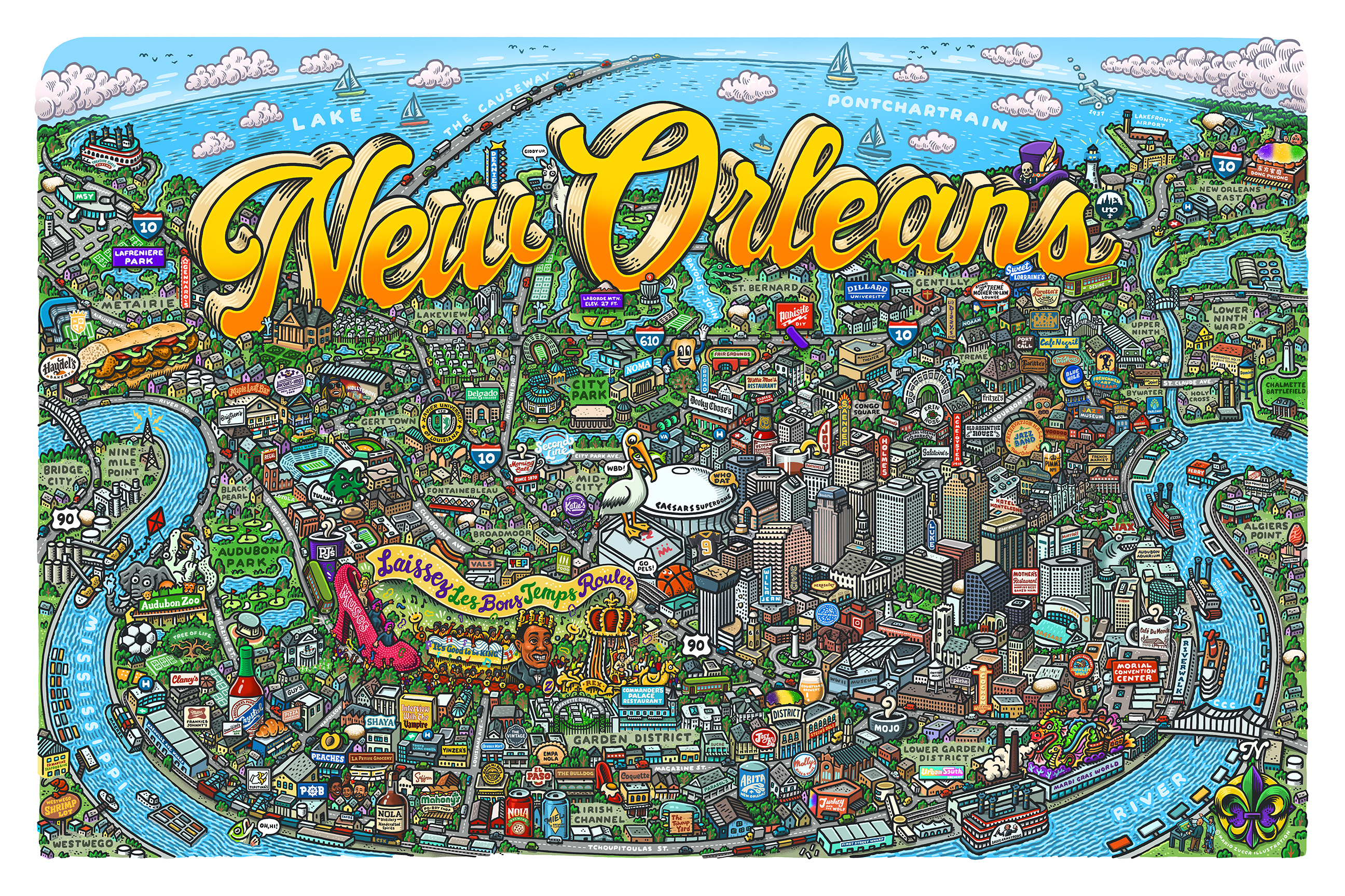 New Orleans Map beignets big easy crescent city hand lettering illustrated maps illustration landscape lettering louisianna map making maps mardi gras mario mississippi river new orleans pelicans po boys saint tulane zucca