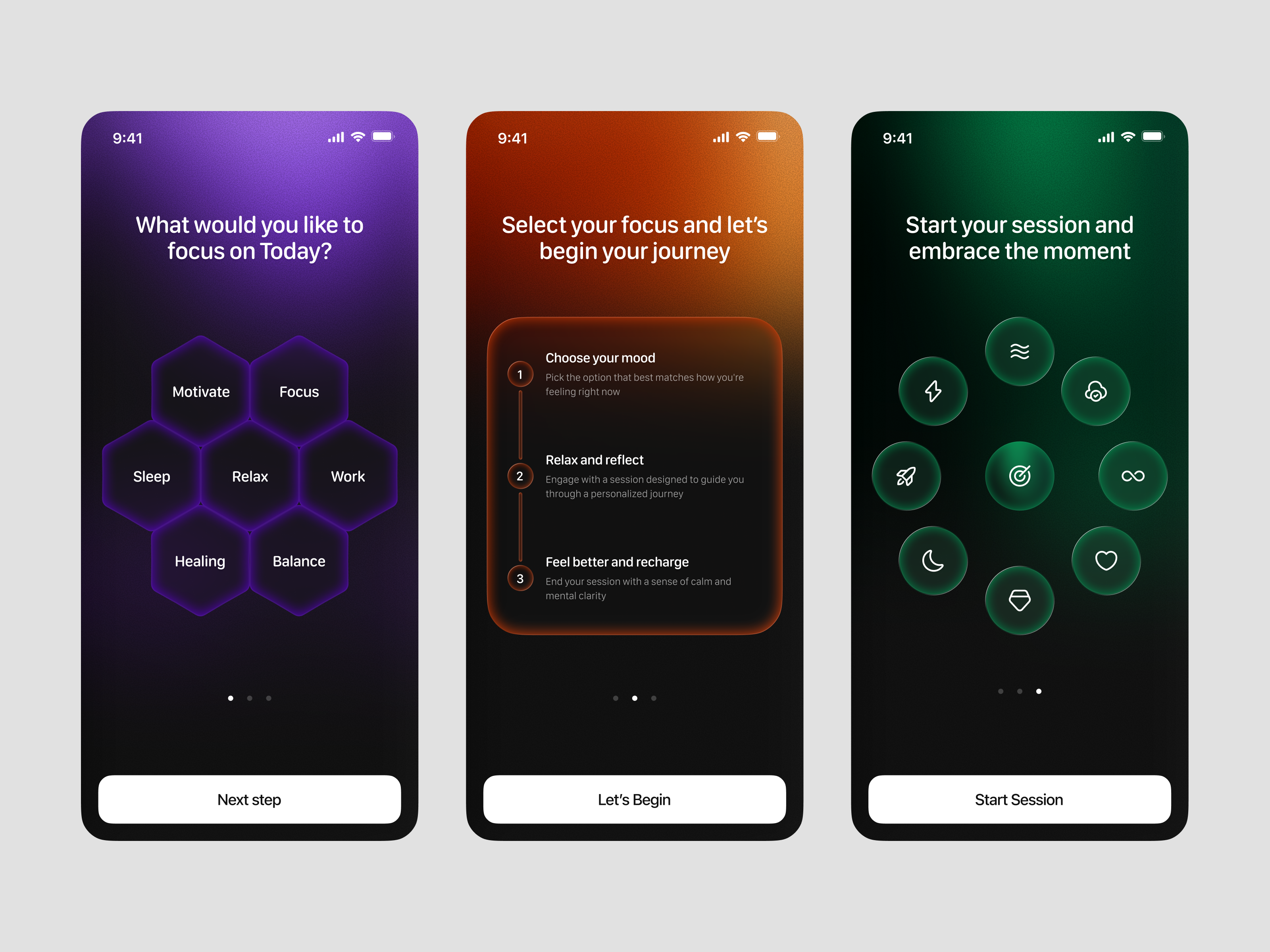 Wellness & Meditation App • Onboarding UI Design app calm dark mode glow ui gradient design guided session meditation app ui mental health mindfulness app minimal mobile app neumorphism glow onboarding screen product design ui uiux design wellness app wingly