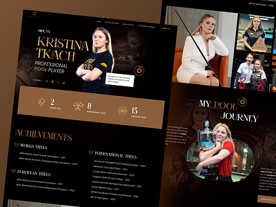 Kristina Tkach – Professional Pool Player Website athlete profile athlete website dark theme design interaction modern website portfolio website product design responsive design sports website ui ui design ux web design