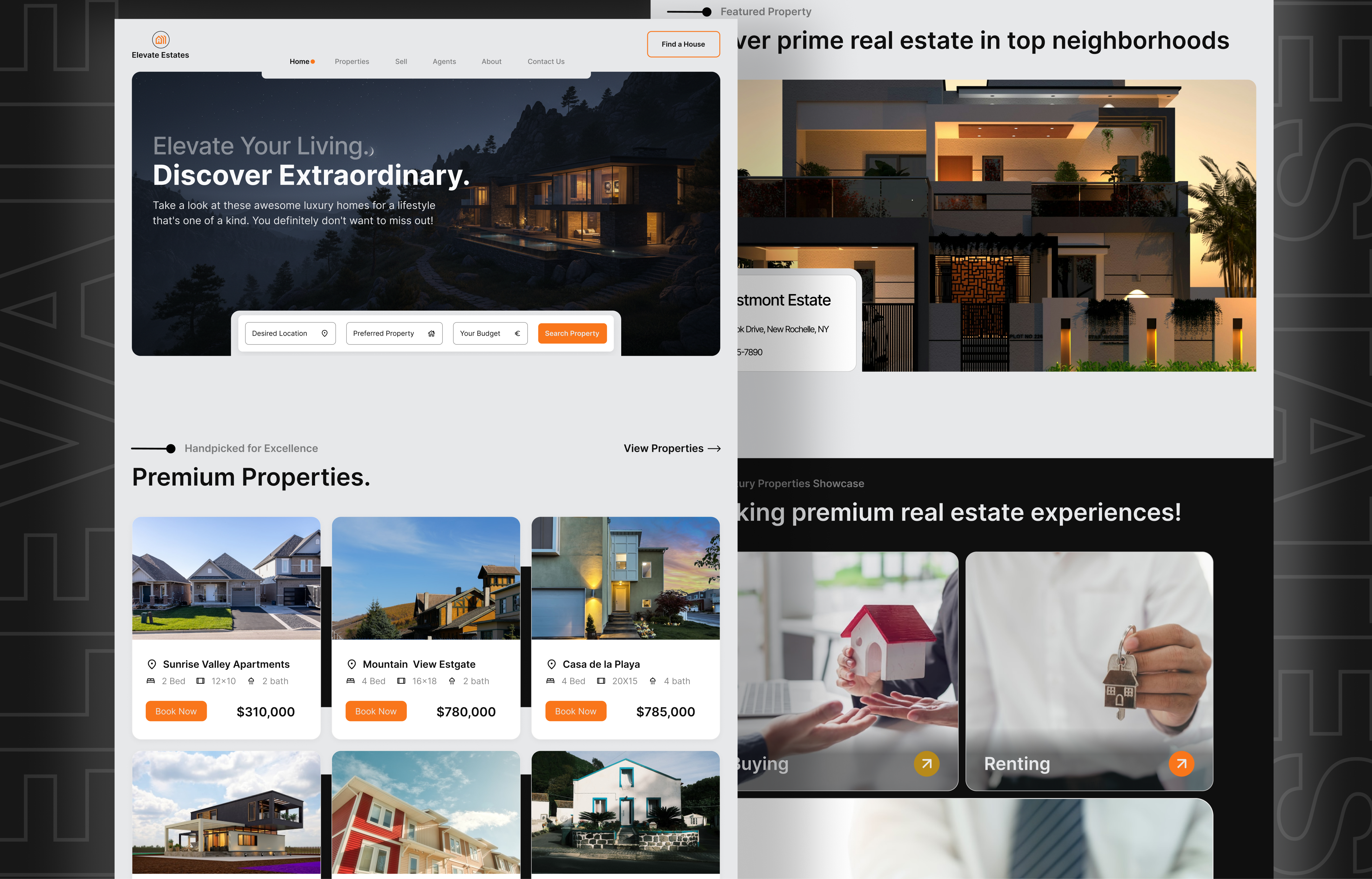 Elevate Estates | Luxury Real Estate Landing Page UI/UX Concept creative concept design designinspiration digitaldesign estateagent landingpage luxuryhomes luxuryrealestate minimal design moderndesign premiumui property realestate realestate website realestatelandingpage ui user interface ux web design websitedesign