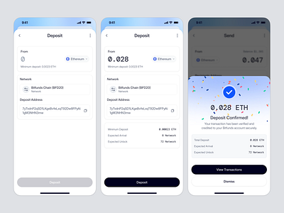 Crypto Deposit Flow – ETH Confirmation Step app design btc confirmation flow crypto crypto app design crypto transaction crypto web3 deposit eth ios mobile mobile app product design saas transaction transaction flow ui design uiux ux design web3