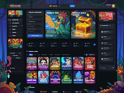 Voodoo Rush: Login page | Home page betting casino character design chest dark design dark ui gambling game illustration gold igaming jungle log in online casino registration sign in slot game treasures uiux web design