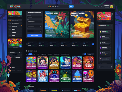 Voodoo Rush: Login page | Home page betting casino character design chest dark design dark ui gambling game illustration gold igaming jungle log in online casino registration sign in slot game treasures uiux web design