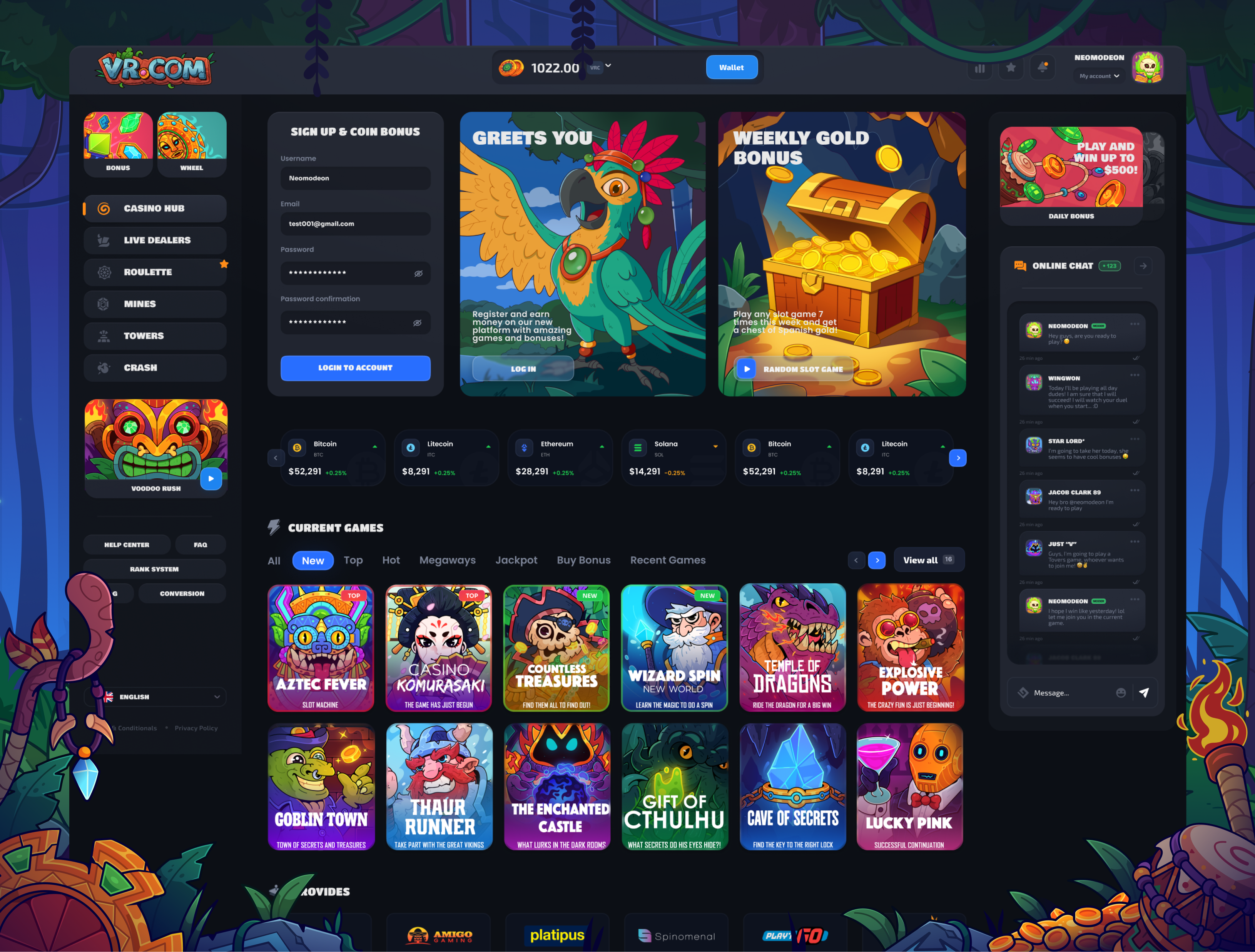 Voodoo Rush: Login page | Home page betting casino character design chest dark design dark ui gambling game illustration gold igaming jungle log in online casino registration sign in slot game treasures uiux web design