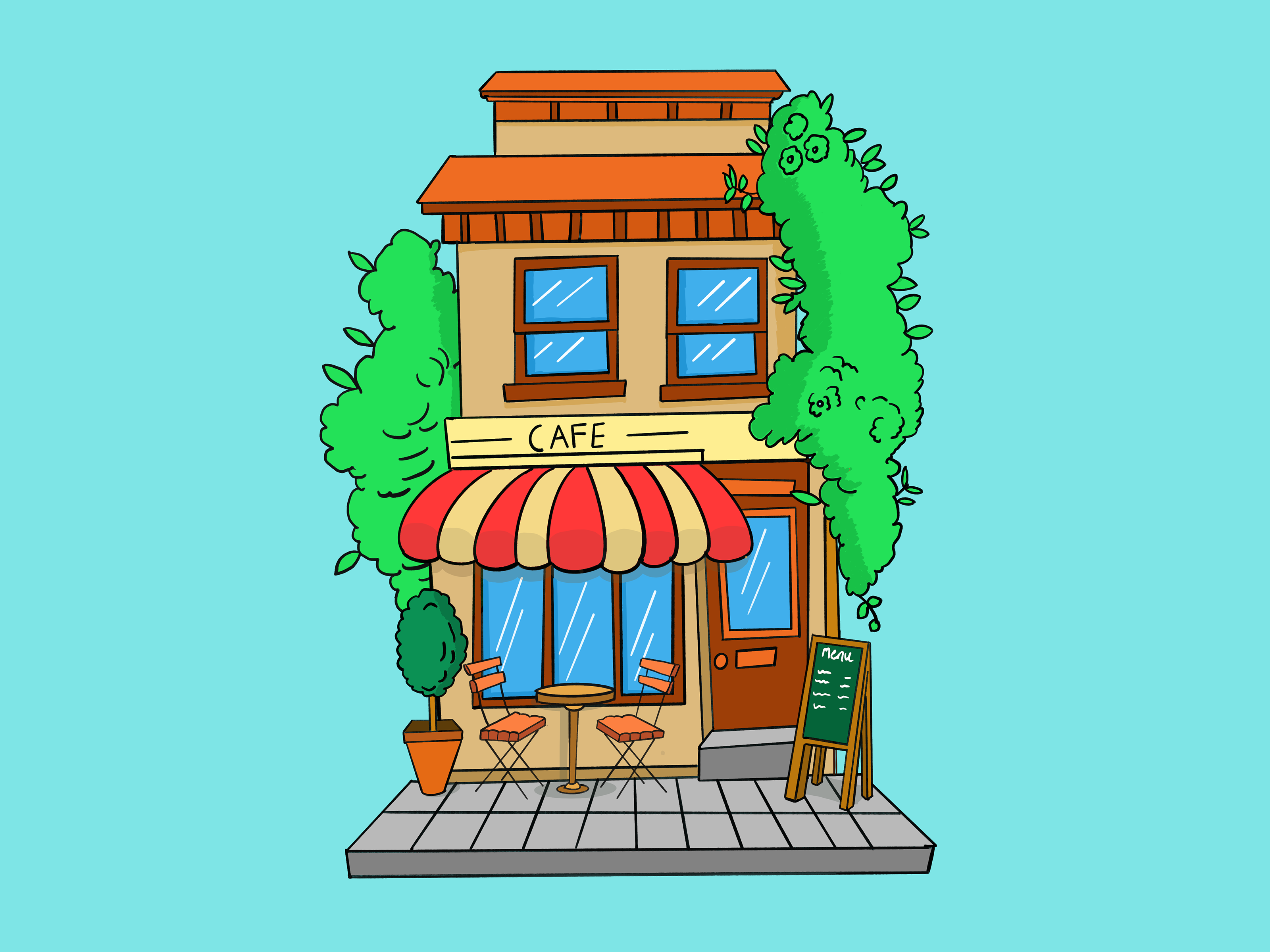 Warm Café Vibes architecture illustration building illustration cafe illustration cafe sketch cartoon style colorful cozy illustration cute illustration digital art flat illustration hand drawn outdoor cafe procreate art procreate drawing procreate illustration restaurant illustration small business art storefront urban illustration vector style
