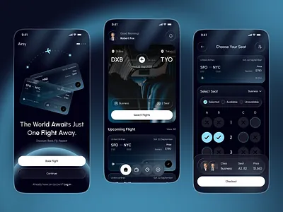 Premium Flight Booking App UI airline ui app concept app designer booking ui clean design dark mode flight booking ios design minimal ui modern app seat selection travel app travel ux ui design ui ux designer for app ux design