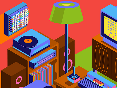 (crop) Invasion from Space (1978) 1970s 8 bit cartridge game console isometric joystick lamp retro tech speakers stereo turntable tv video game