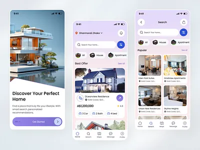 Real Estate App – Smart Property Search & Modern UI Design apartment app design eal estate mobile app home house ios mobile onboarding property app property finder app real estate real estate agency real estate app real estate design real estate investment rent app search splash uiux