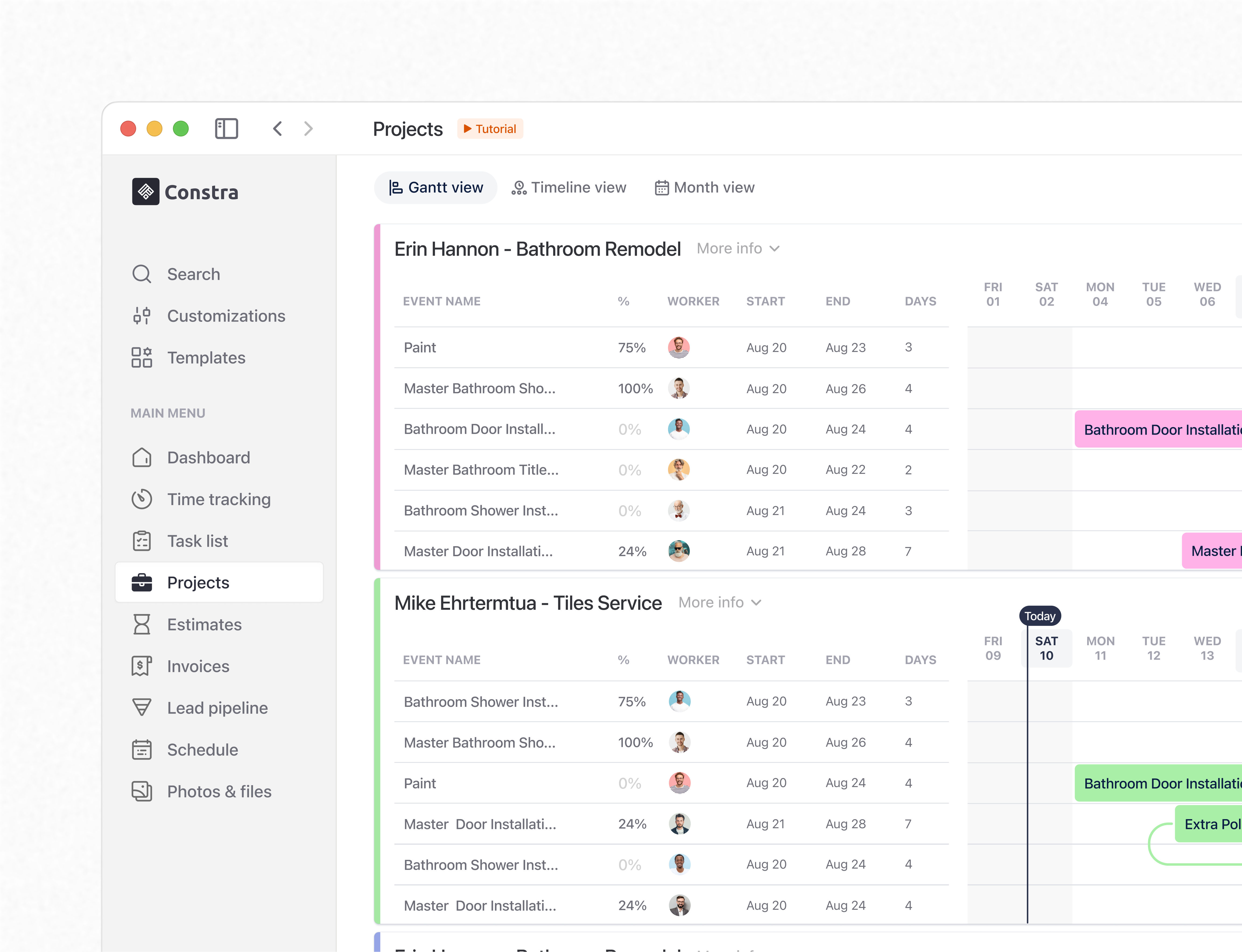 Example of Construction Management Web App | Projects & Gantt View UI