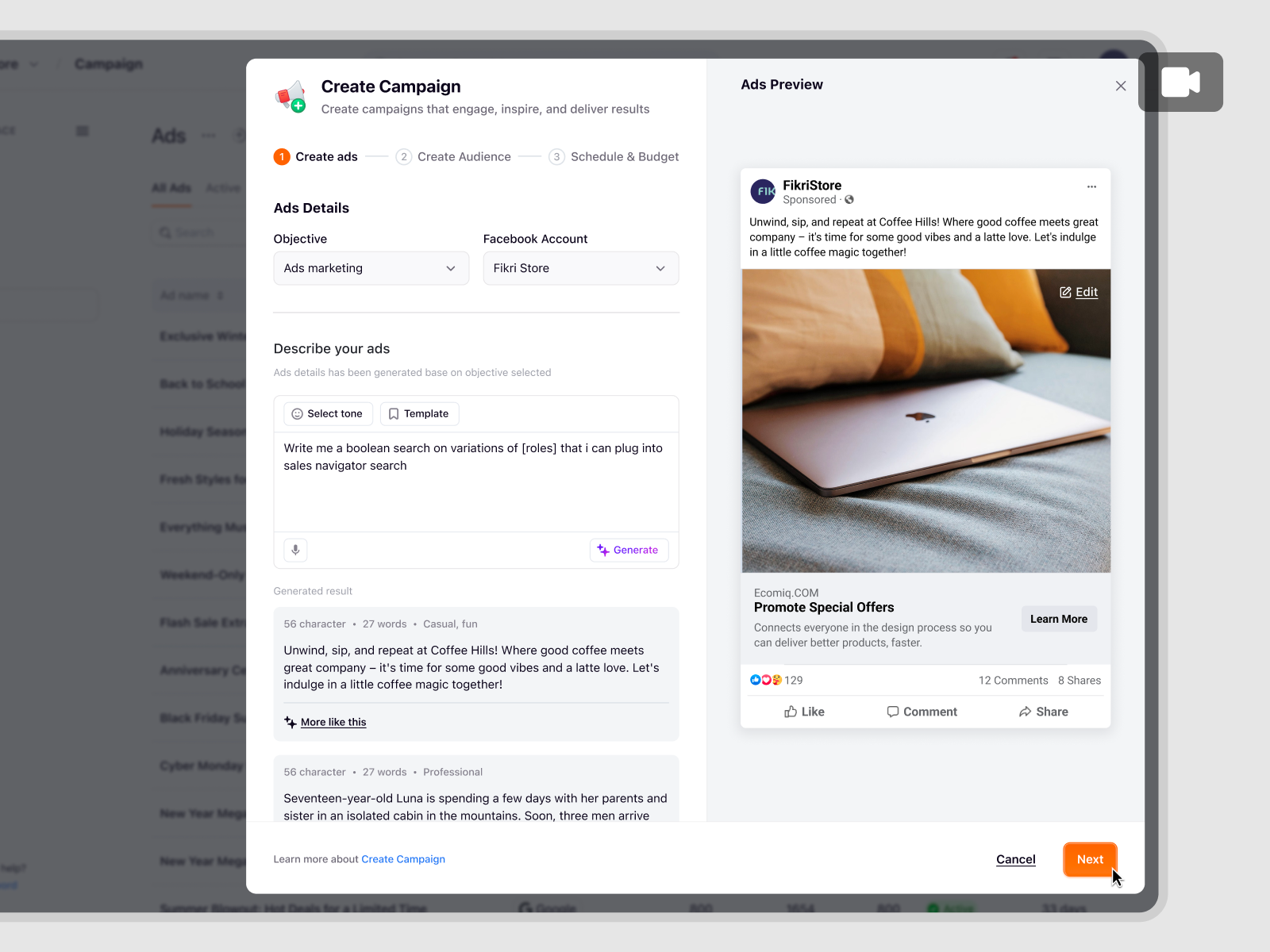 Example of Ecomiq — Ads Creation & View Campaign Performance