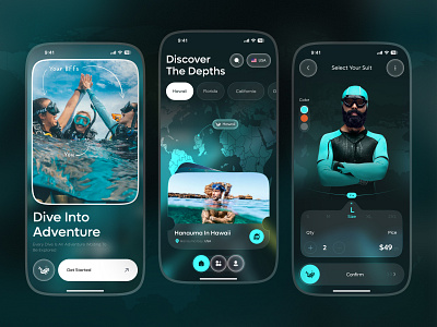 Scuba Diving Booking Mobile app adventure booking app app concept app design clean interface destination explorer diving app gear customization glassmorphism mobile app design mobile ui modern app design ocean ui scuba diving app travel app trip ui uiux design underwater theme
