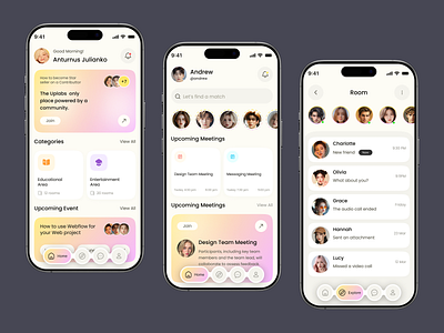 Social/Community Meeting App UI app application blogger chat room communication community app concept join live live rooms mobile mobile app mobile design profile social connect social media app social network uiux user interface voice chat room app web app