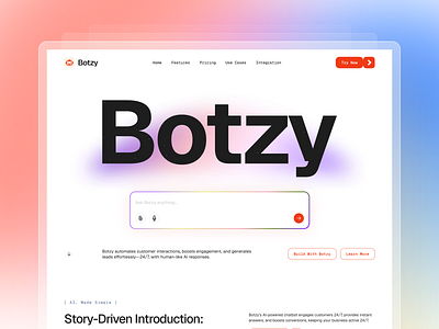 Botzy — AI Landing Page Hero Design ai ai chatbot chatbot cleanui gradient hero ideapeel interface landingpage minimal productdesign ui ux webapp webdesign