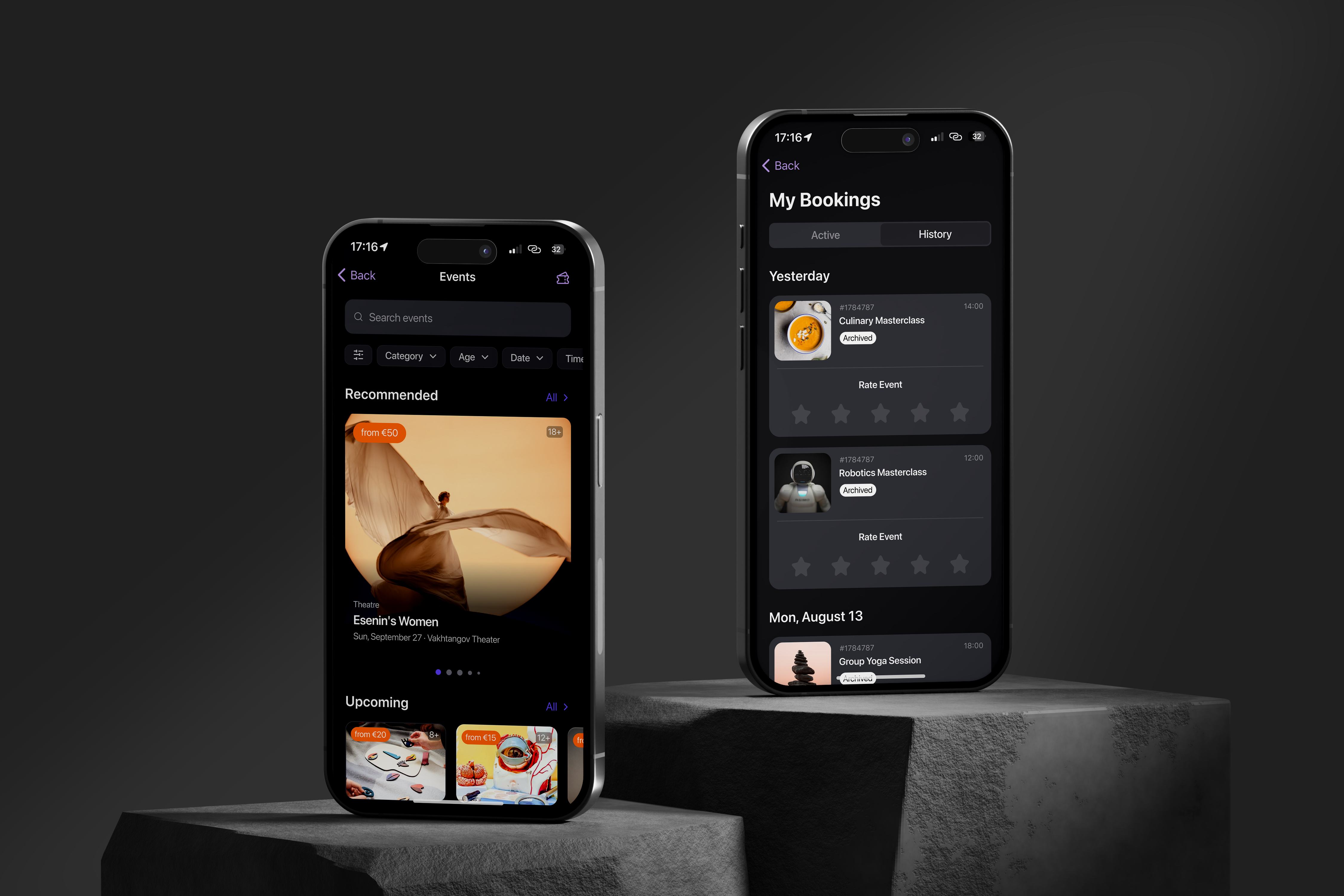Events Discovery for iOS app design booking card dark mode event feed input ios minimal design review tags ticket