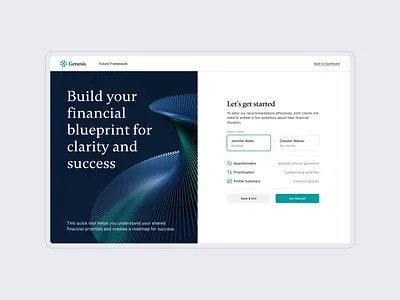 Genesis — Profiling start screen authentication branding create account dashboard design digital product finance financial advisor fintech graphic design login mockup platform product design saas ui ux