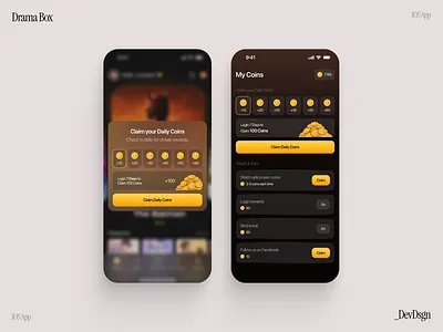 Drama Box – Daily Coins UI dailyrewards darkmodeui drama box gamification iosdesign movie uidesign