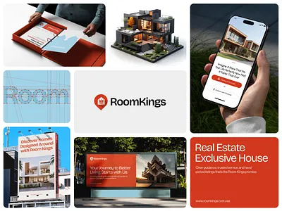 RoomKings Real Estate Branding Visual Identity Design advertising design brand design brand guidelines brand identity brand presentation brand system branding branding concept corporate identity creative direction identity design logo design logo mark minimal logo modern logo property branding real estate branding real estate logo ui design